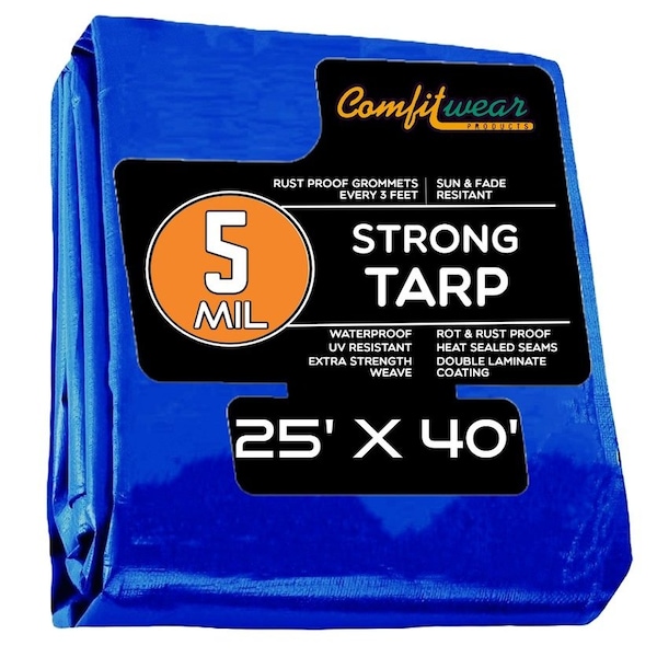 Comfitwear 5 MIL Standard Strong Multi-Purpose Tarp Cover Rust Proof Waterproof Reinforced Edges, Blue MT-2540 - main